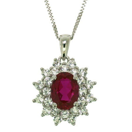Sterling silver created ruby with created white sapphire lady di pendant with chain