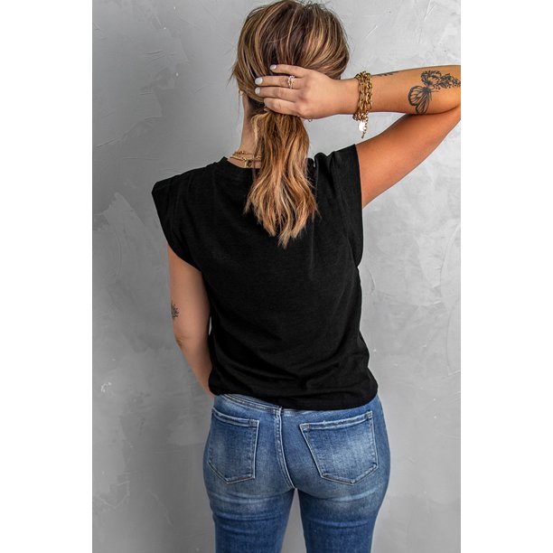 ABPHQTO Camiseta de manga corta con estampado de letras negras para mujer