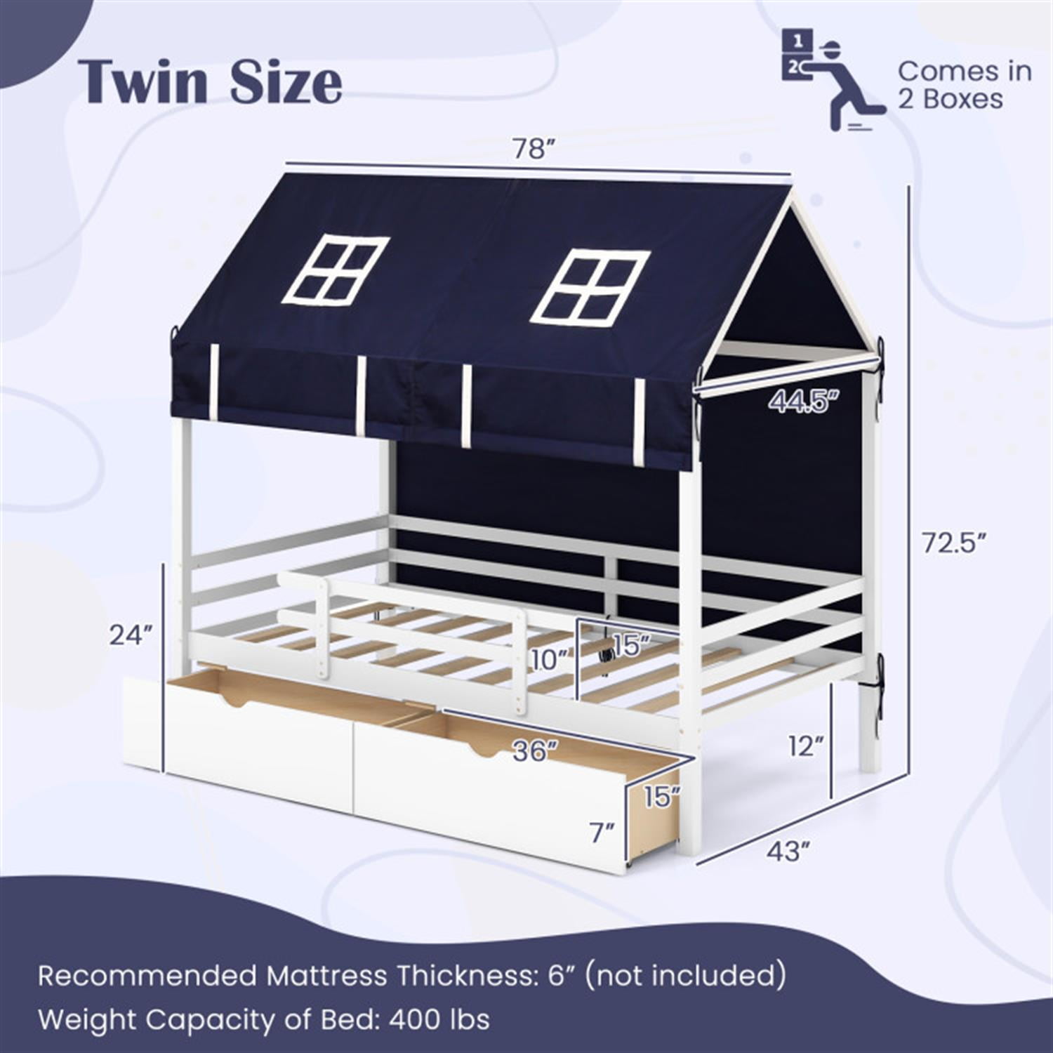 Demi Bonn Twin House Bed Frames with Tent and 2 Storage Drawers, Modern Platform Bed Frames for Teens, White