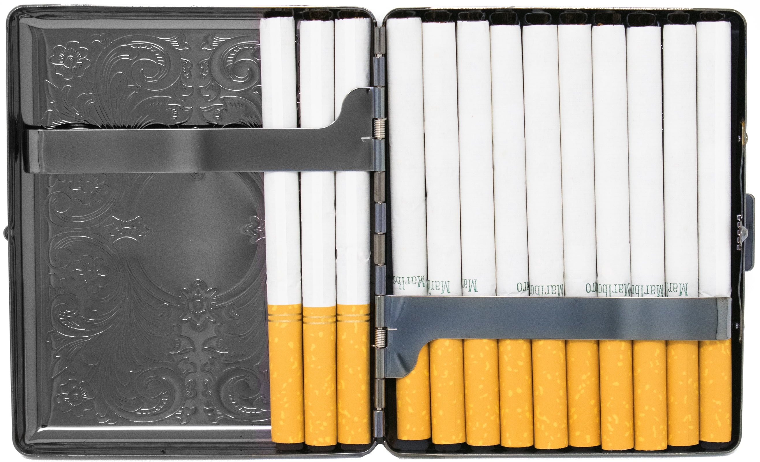 Set of 2 Metal-Plated 100s Cigarette Case & Stash Box (Black Victorian Scroll)
