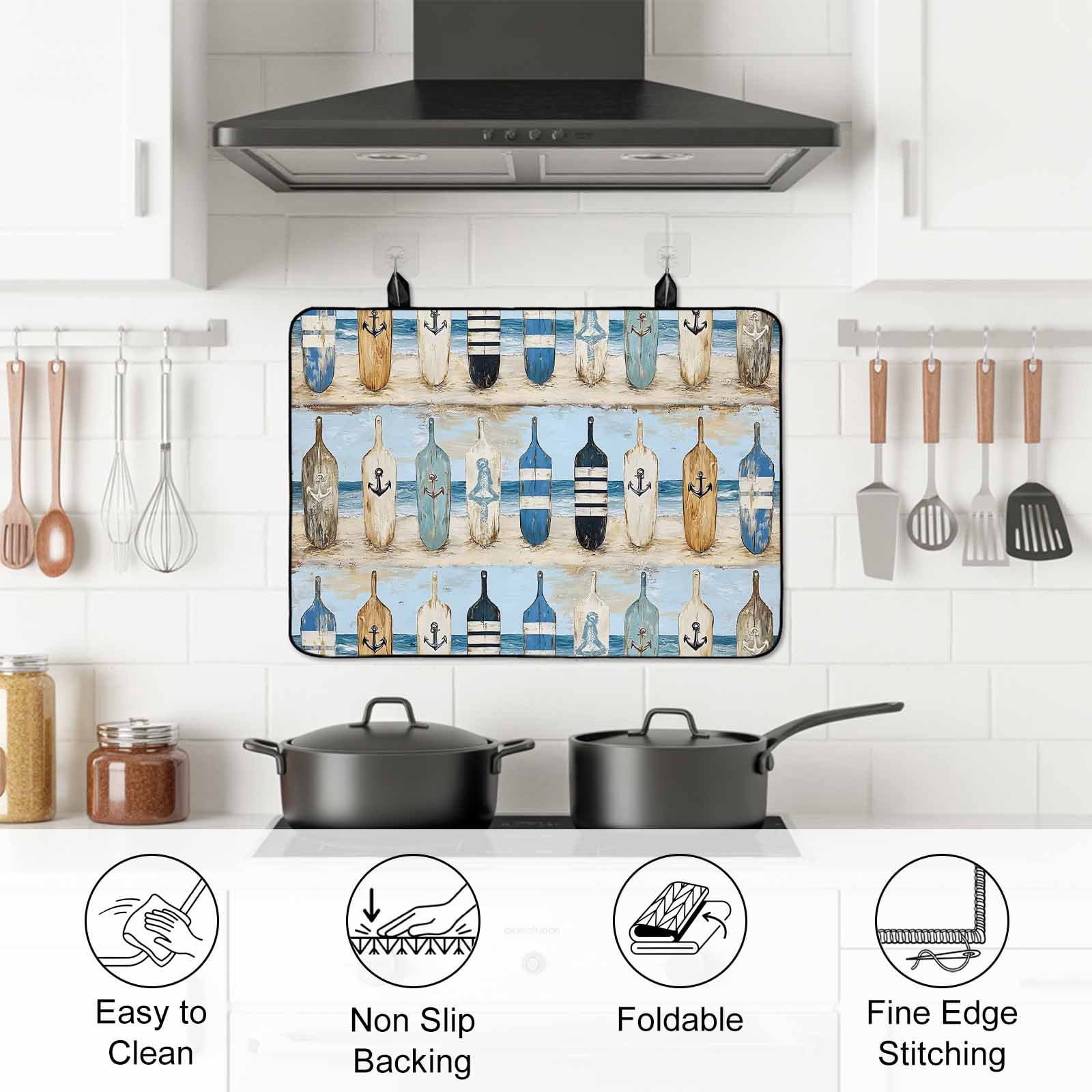 Blue Coastal Stove Top Cover for Electric Stove, Heat-proof & Non Slip Glass Top Stove Cover Protector, Ocean Nautical Anchor Wood Barn Beach Kitchen Flat Cooktop Rubber Mat 24x21 Inches