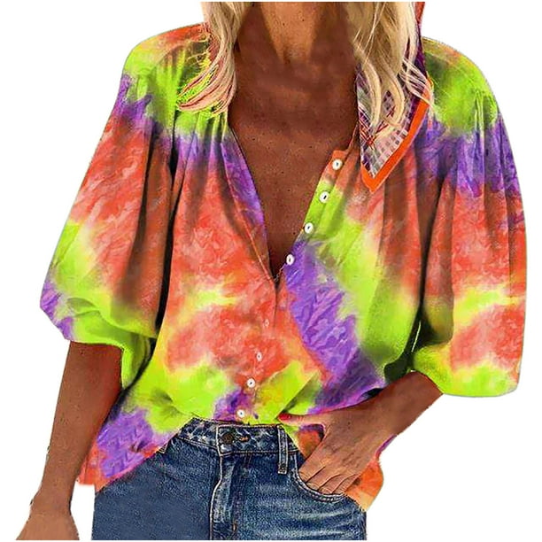 Camiseta con botones de manga 3/4 con estampado de teñido anudado para mujer de primavera y verano Fridja hj490