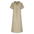 thumbnail image 4 of Danhjin Women's Summer Short Sleeve Linen Flowy V Neck Dress Casual Loose A-Line Midi Long Beach With Hem Dress Vacation Outfits Wrinkle-Free, 4 of 5