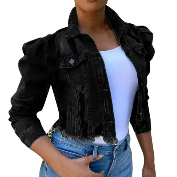 DHFJKG Ripped Jean Jackets For Women Cropped Puff Sleeve Collared Denim Jacket Streetwear Casual Daily Wear Trendy Outerwear