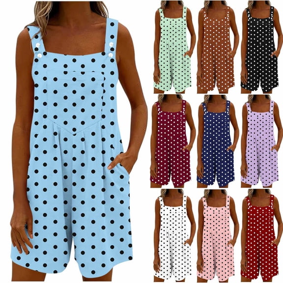 Overall Romper Shorts for Women with Pockets Adjustable Strap Summer Loose One Piece Short Bibs Jumpsuits (XL, Sky Blue|Polka Dots)