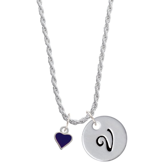 Delight Jewelry Silvertone Mini Two Sided Purple Heart Silvertone Script Initial Disc - V - Charm Necklace, 20"+3"