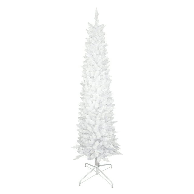 2.29 meter tall white artificial Christmas tree on a metal stand, prelit with 400 warm white and multicolor LED lights.