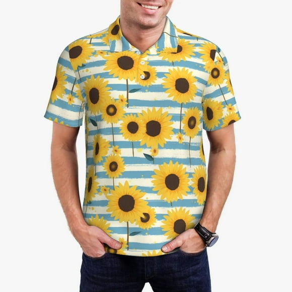 Saiise Blue White Striped Sunflower A Print Mens Golf Shirt Moisture Wicking Quick-Dry Print Performance Polo Shirts for Men-XX-Large