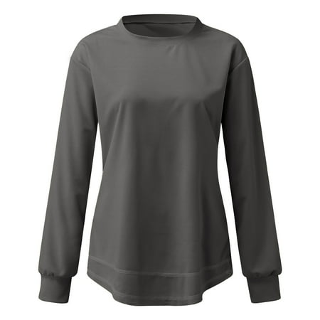 

vbnergoie Women Long Sleeve Crewneck Solid Color Shirts Tops Sweatshirts With Curved-hem Ladies Gray Tops Short Sleeve Scrub Jackets