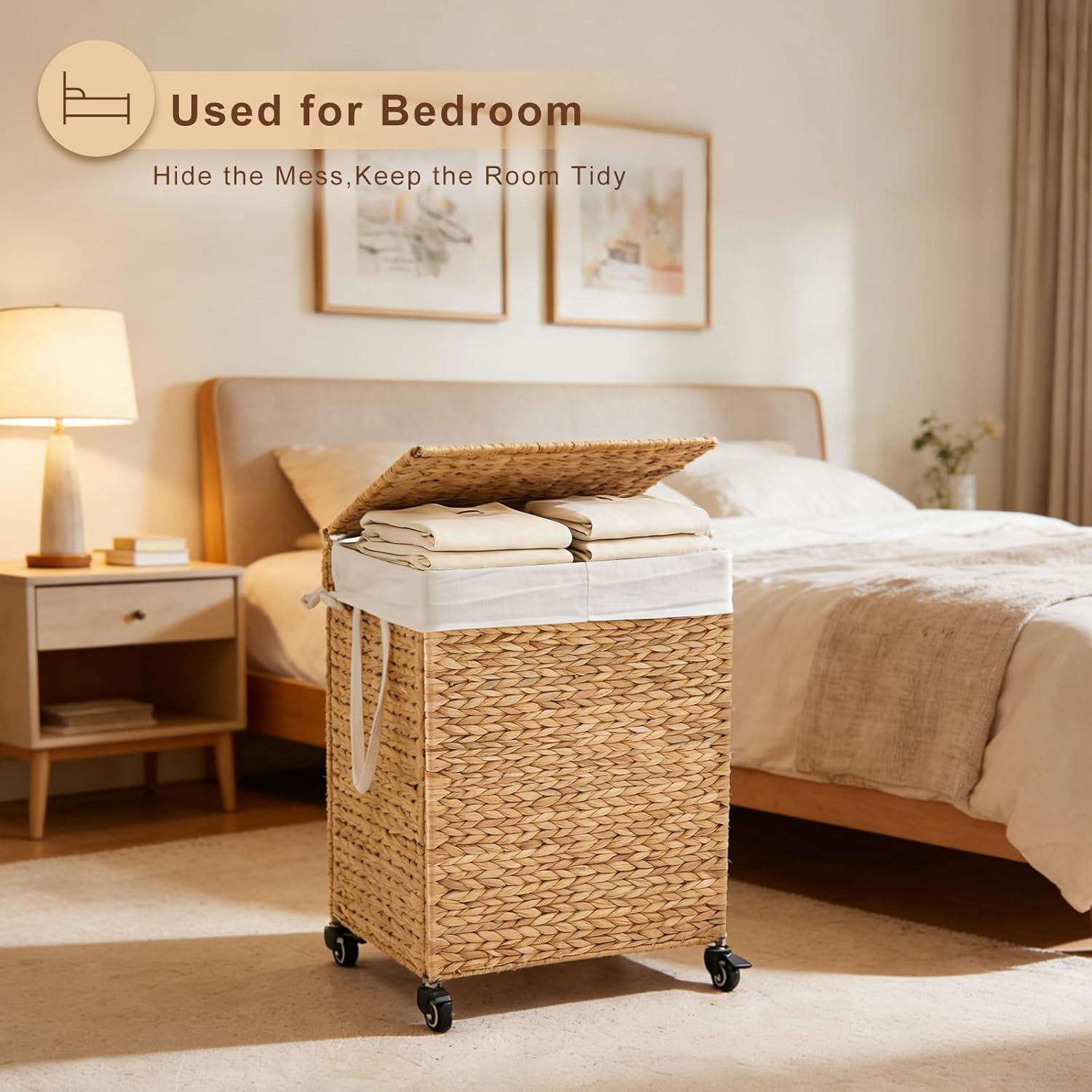 Casa Pura Furniture 2-Section Laundry Hamper with Lid, Water Hyacinth Woven Laundry Sorter with Removable Liners, Rolling or Non-Slip Design
