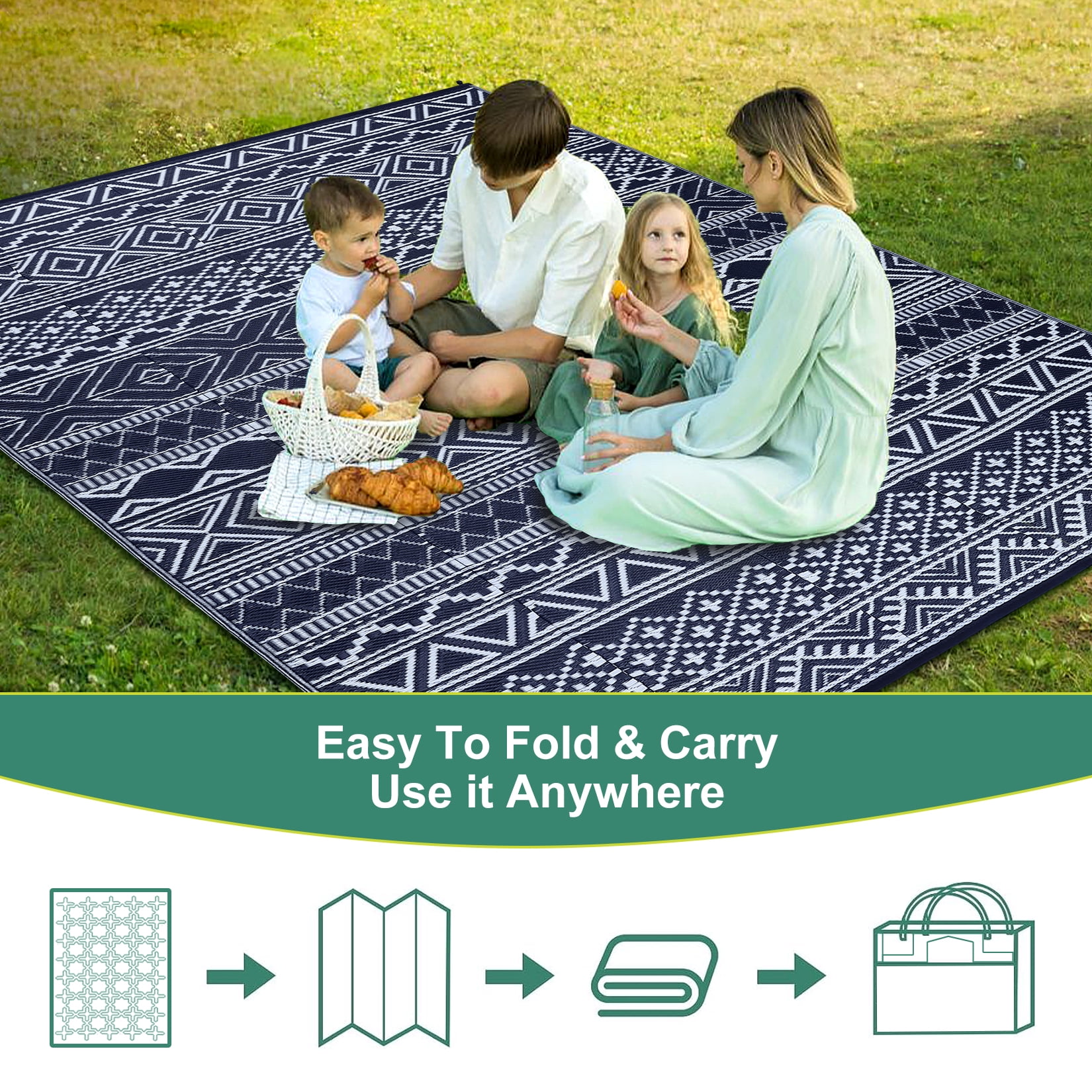 Garvee 9'x18' Plastic Outdoor Rugs, Bohemia Waterproof Straw Rug Reversible Indoor Outdoor Carpet for Patio RV Deck Porch Backyard Balcony Camping Picnic Beach, Dark Blue & White