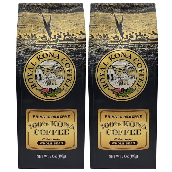 Royal Kona Coffee Medium Light Roast Whole Bean Coffee, 100% Hawaiian Kona Coffee, 7oz 2-pack