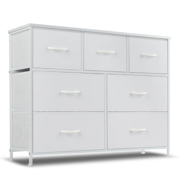 7-Drawer Dresser with Wood Top & Fabric Storage Drawers, Chest of Drawers for Bedroom, Living Room, Hallway, Closet, White