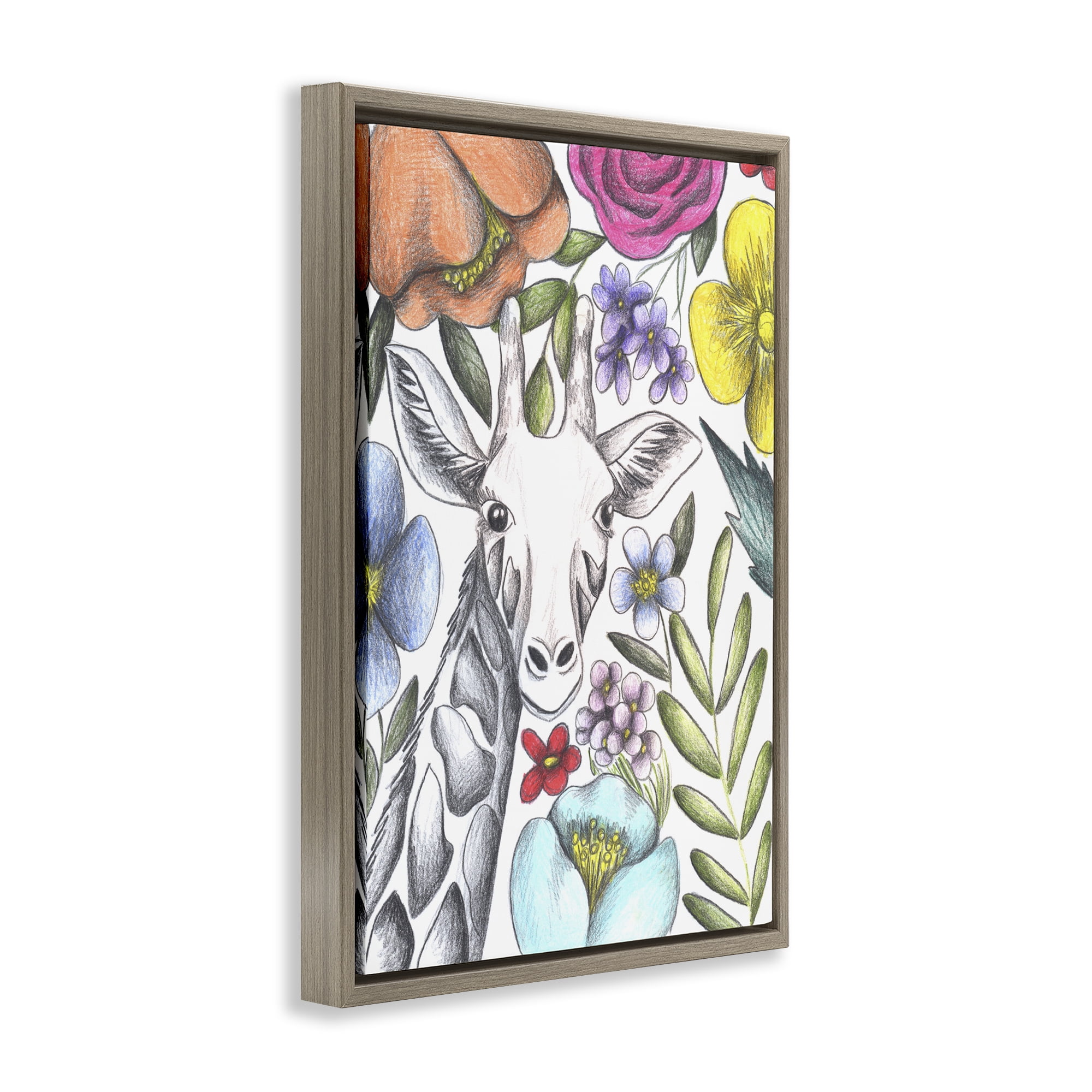 Giraffe In The Midst of Flowers Brown Framed Floater Canvas Wall Art, design by Cecilia Battaini