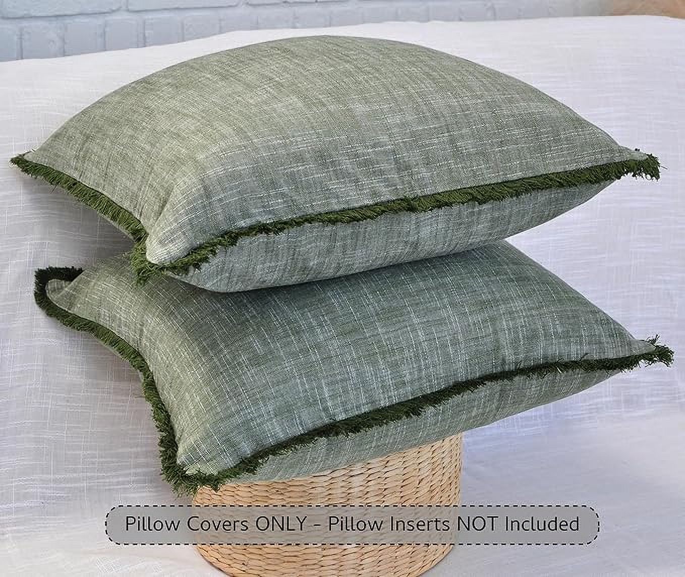 20x20 Organic Cotton Throw Pillow Covers Green With Decorative Fringe Boho Farmhouse Cushion Cover with Tassels Linen Like Textured Accent Pillowcases for Bed Couch Chair Sofa Living Room Set of 2