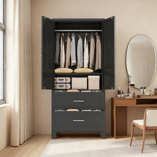 71 Inch Tall Wardrobe Cabinet, 2-Door Metal Storage Closet with Hanging Rod, 2 Drawers and Adjustable Shelf for Bedroom, Office, Entryway, Black