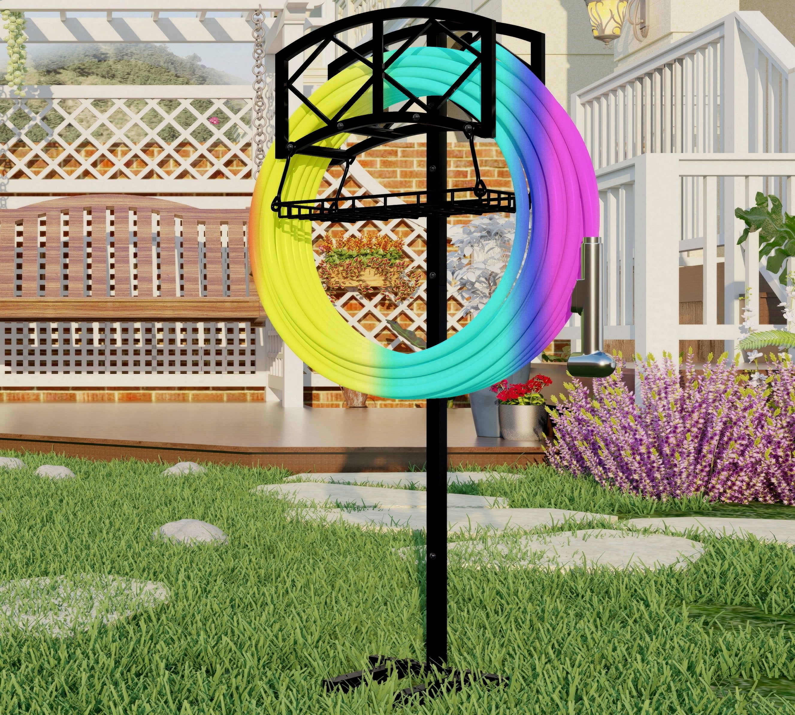 Fire Beauty Freestanding Garden Hose Holder for Outdoor - Heavy Duty In-Ground Hose Rack Organizer with Detachable Stake, Holds 150ft Hose & Reel Stand, Rust-Proof Lawn Yard Water Hose Hanger (Black)