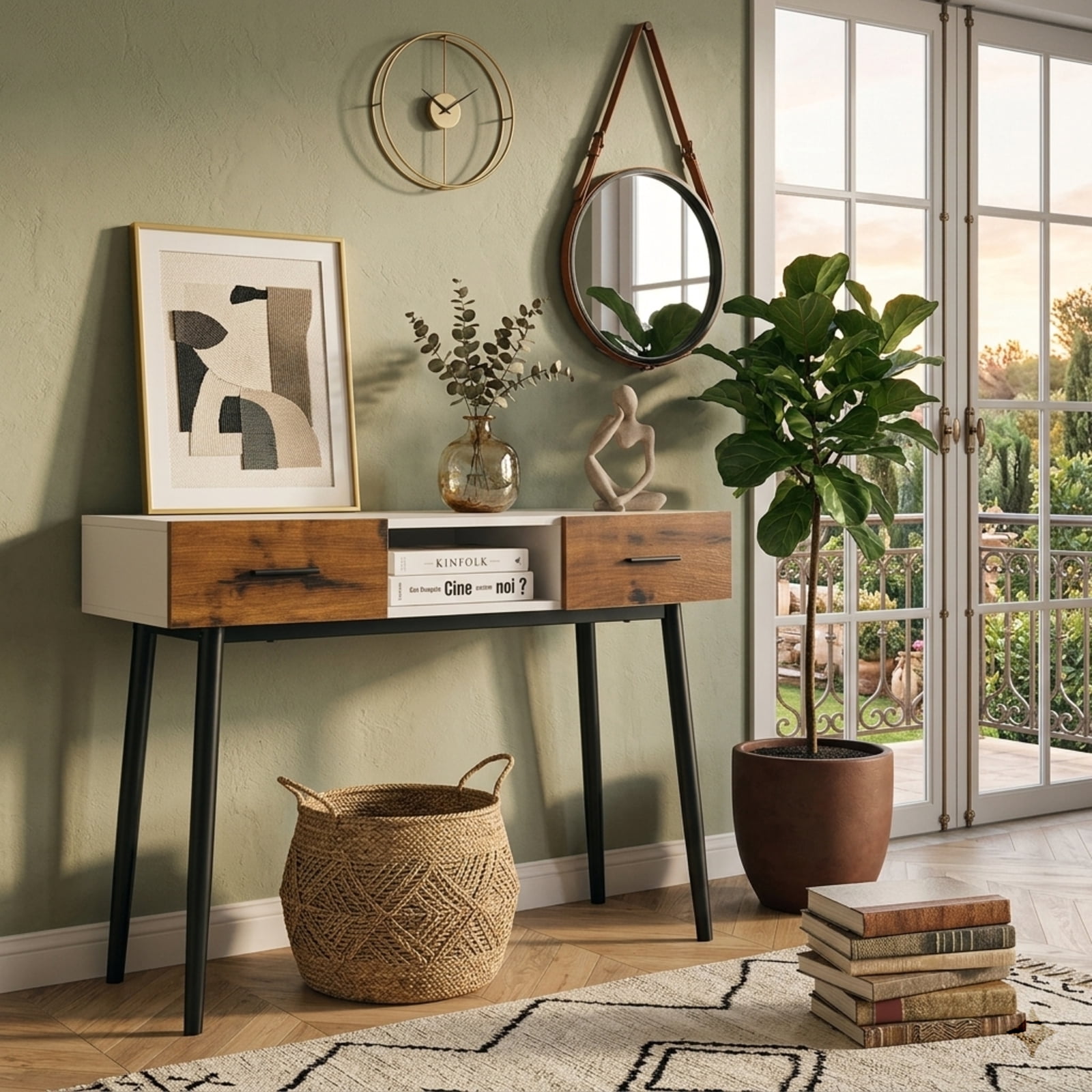 Furnibear 42 Inch Industrial Console Table with 2 Drawers and Open Shelf for Entryway Hallway Living Room and Behind Sofa, Black