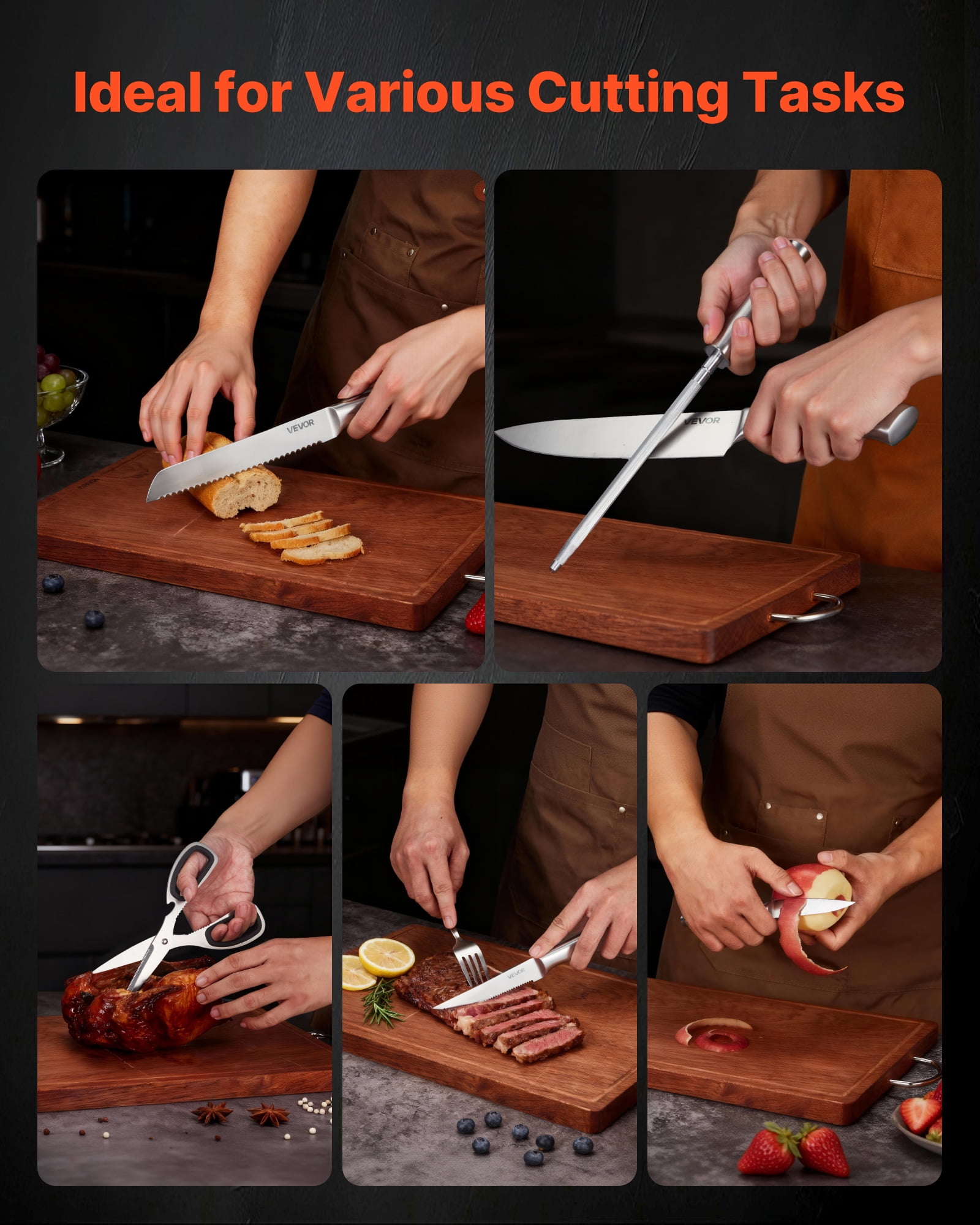 VEVOR Kitchen Knife Set with Block and Sharpener, 15 Piece German High Carbon Stainless Steel  Sharp Knife Set, Kitchen Cutlery with Ergonomic Handle, Sharpening Rod and Wooden Block, for Home Cooks