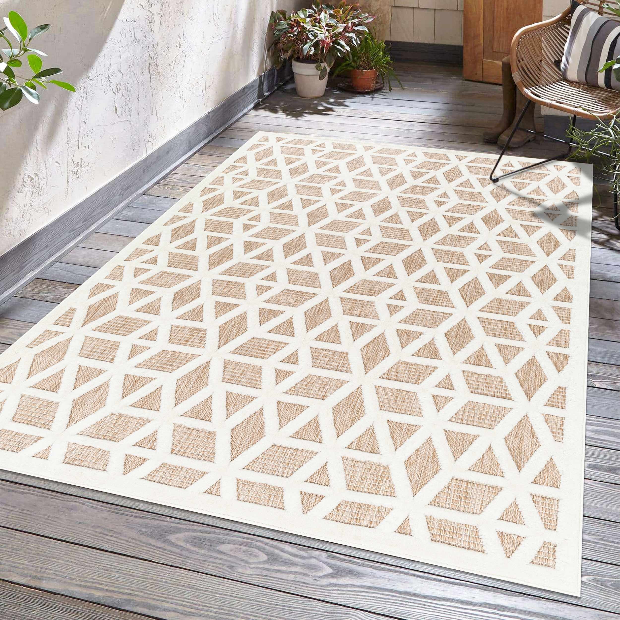 Hauteloom Nuri Outdoor Area Rug - Outside Porch Patio Rug Carpet - Waterproof Rug - Moroccan Farmhouse High Low - Brown, Cream, Beige - 6'7" x 9'