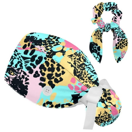 

Working Cap with Buttons and Sweatband Scrub Hat Bouffant Caps with Scrunchie Leopard Head Print Tie Back Hats