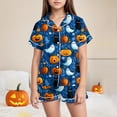thumbnail image 2 of Kakishop Big Girls Button Down Sleepwear Short Sleeve With Shorts 2PCS Pajama Halloween Sets Casual Lapel Loungewear Patterns Printed (Blue,10-11 Years), 2 of 6