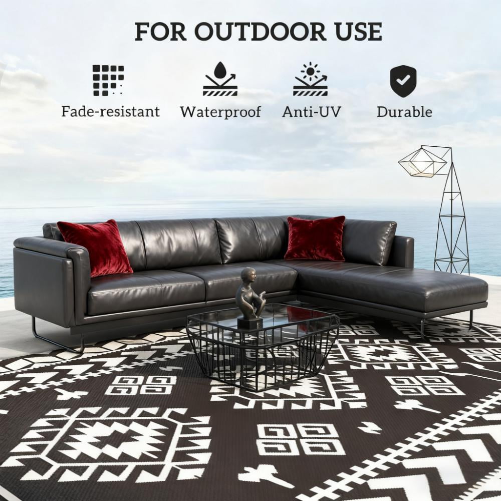 9' x 18' Black & White Rhombus Patchwork Reversible Outdoor Rug, Waterproof Patio Camping Mat with Carry Bag, Foldable Portable Indoor Outdoor RV Carpet