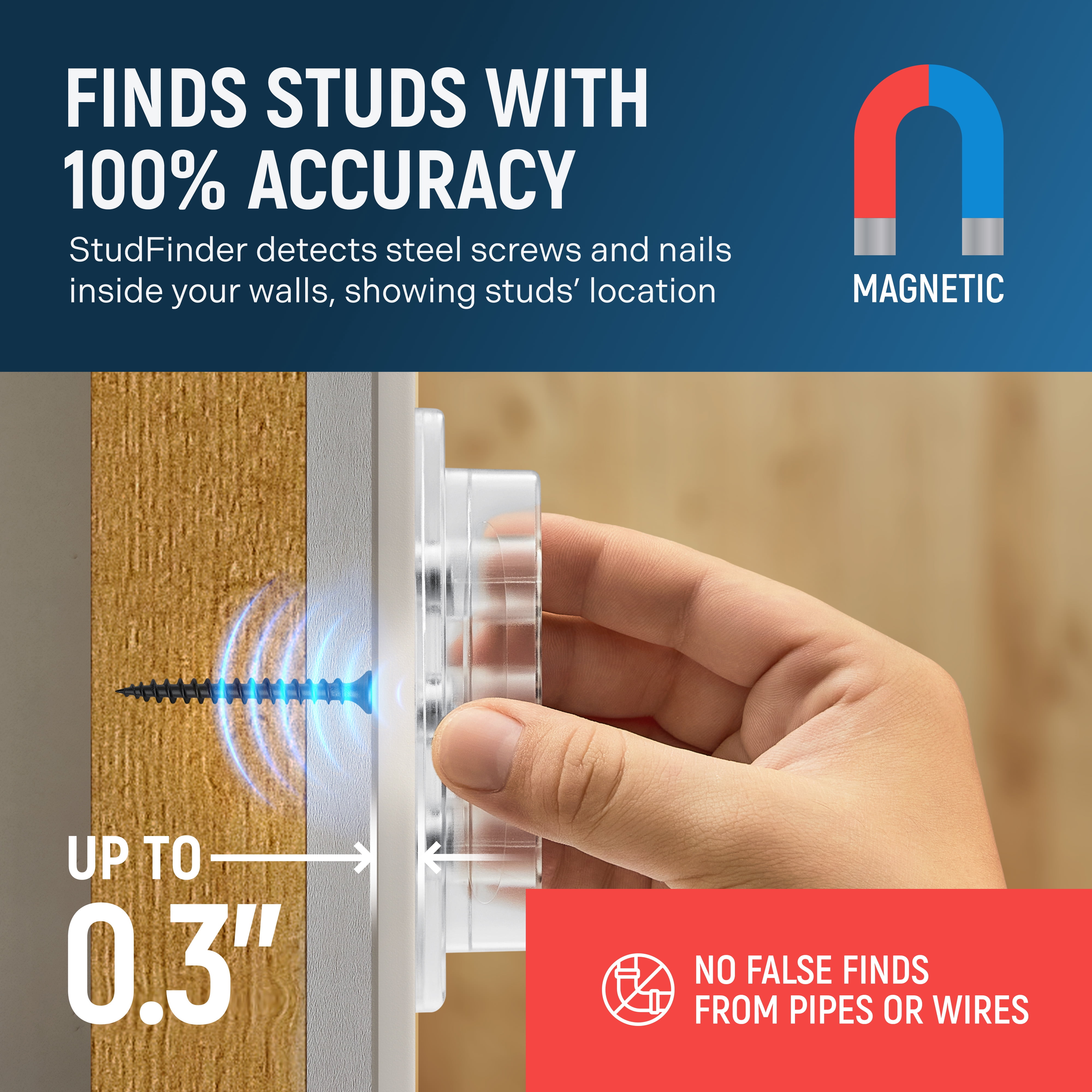 HMMAGNETS Powerful Magnetic Stud Finder Reinforced with 3 Neodymium Magnets - No-Battery Stud Detector - Deep Detection of Wood & Metal Studs in Drywall (Not for Plaster Walls) | 1 Pack