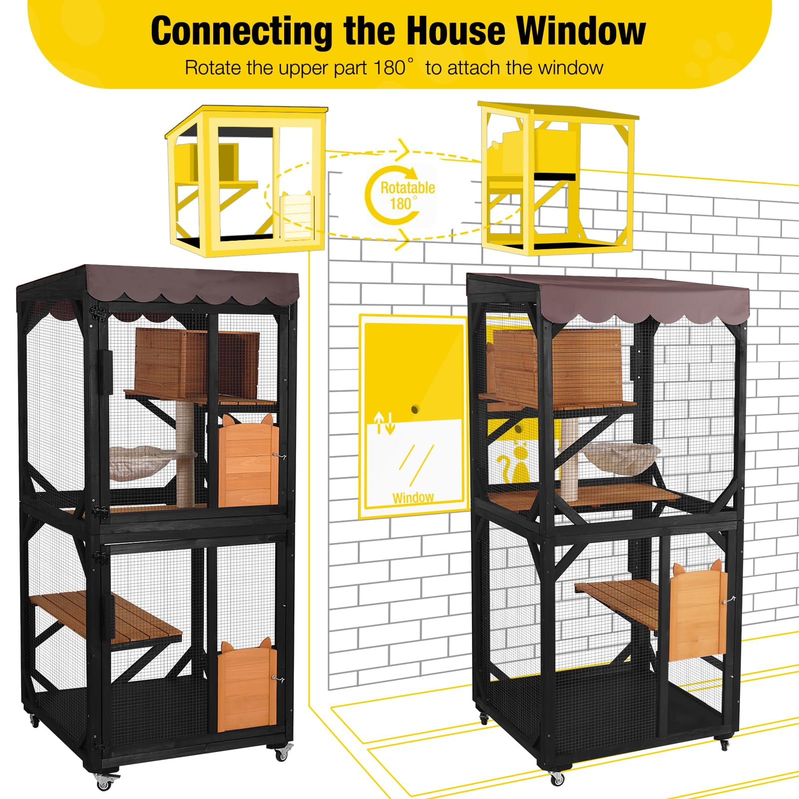 Aivituvin Catio Outdoor Cat Enclosure with Wheels, Resting Box, Cat Scratching Post, Jumping Platform, Outdoor Cat House for Cats, Brown