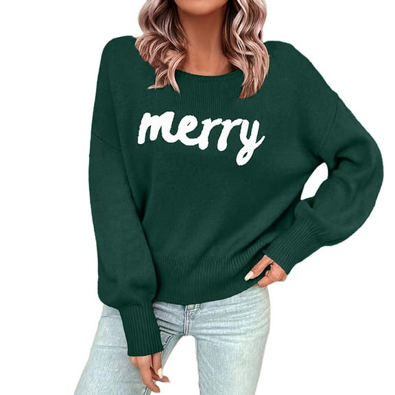 Womens Christmas Sweater New Crew Neck Long Sleeved Pullover for Relaxed Fit Cozy Fall Sweaters Green S