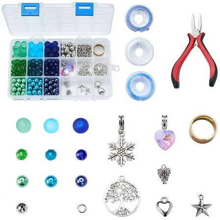 1Box 450pcs Jewelry Making Starter Kit - Jewelry Making Supplies for Adults and Women Jewelry Findings & Beads Kit & Tools for Necklace Bracelet Bluish Green
