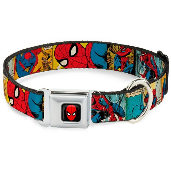 Marvel Comics Pet Collar, Dog Collar Metal Seatbelt Buckle, Spider Man Comic Strip, 16 to 23 Inches 1.5 Inch Wide
