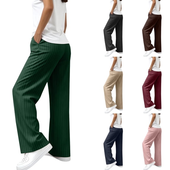 Outfmvch Striped Dress Pants for Women High Waist Wide Straight Leg Pinstripe Print Flowy Stretchy Trousers with Side Pockets Elegant Business Workplace Daily Office Dressy Slacks Bottoms Green XS