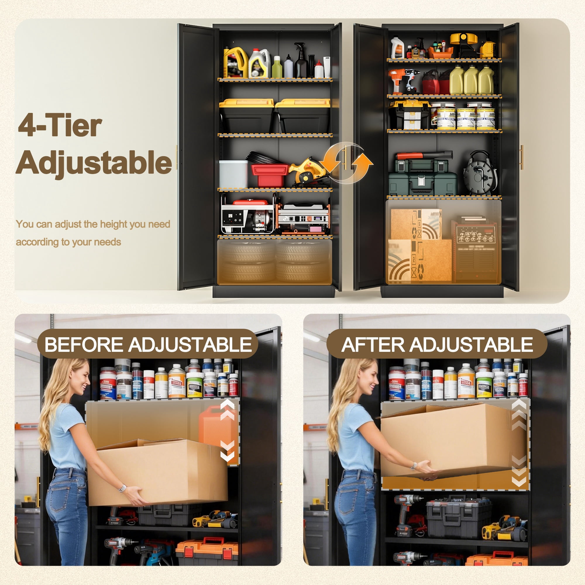 CJF Modern Metal Kitchen Pantry Cabinet, 71" Tall Lockable Storage Cabinet with 2 Doors & 4 Adjustable Shelves, Black