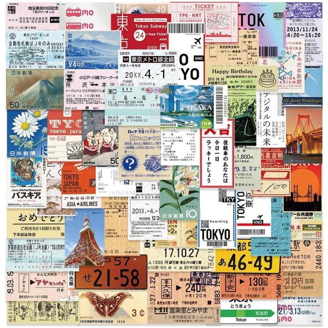 HAHADAXA 60pcs Japanese Postcard Ticket Style Stamp Sticker Stationery Travel Diary Luggage Waterproof Helmet Stickers