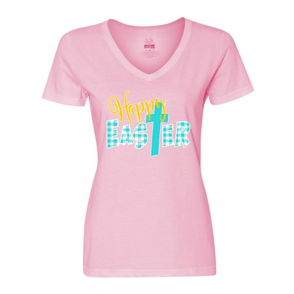 Inktastic Happy Easter with Cross in Teal Plaid Women's V-Neck T-Shirt