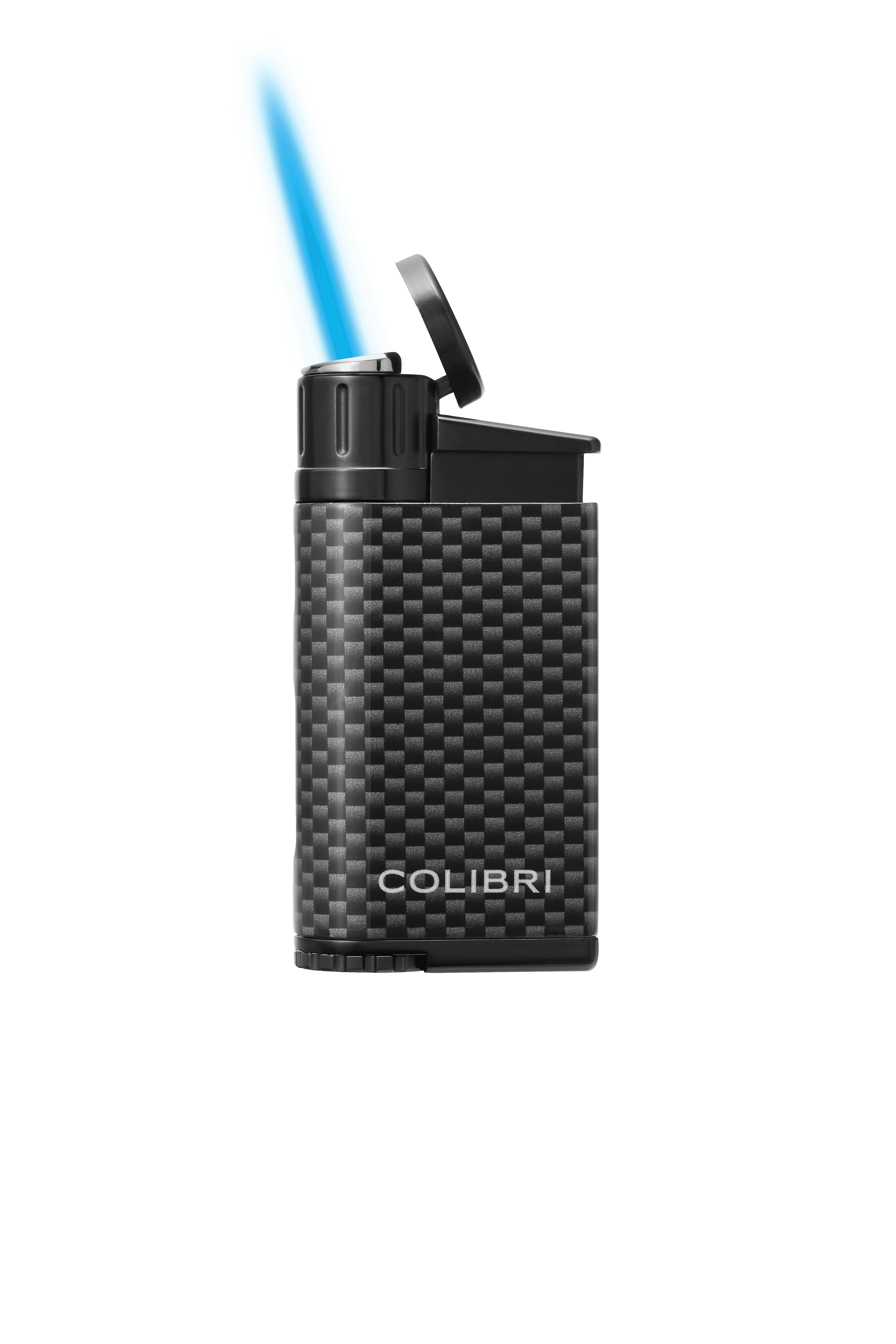 Colibri EVO Angled Single Jet Flame Butane Lighter, Windproof & Refillable, User-Friendly with Carbon Fiber Grip, Blue Fuel Window and Adjustable Flame - Sleek Design (Black Carbon Fiber)