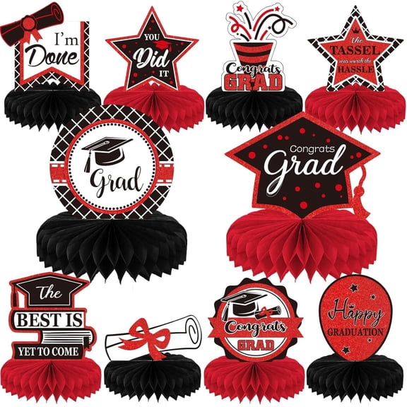 10PCS Class of 2025 Graduation Party Decorations 2025 Congrats Grad Honeycomb Centerpieces Congratulate Graduation Table Toppers for Graduation Party Favor Supplies(Red Black)