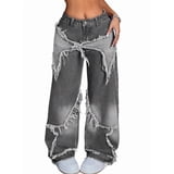 Women Y2K Baggy Jeans Girls Star Patchwork Wide Leg Raw Hem Denim Pants ...