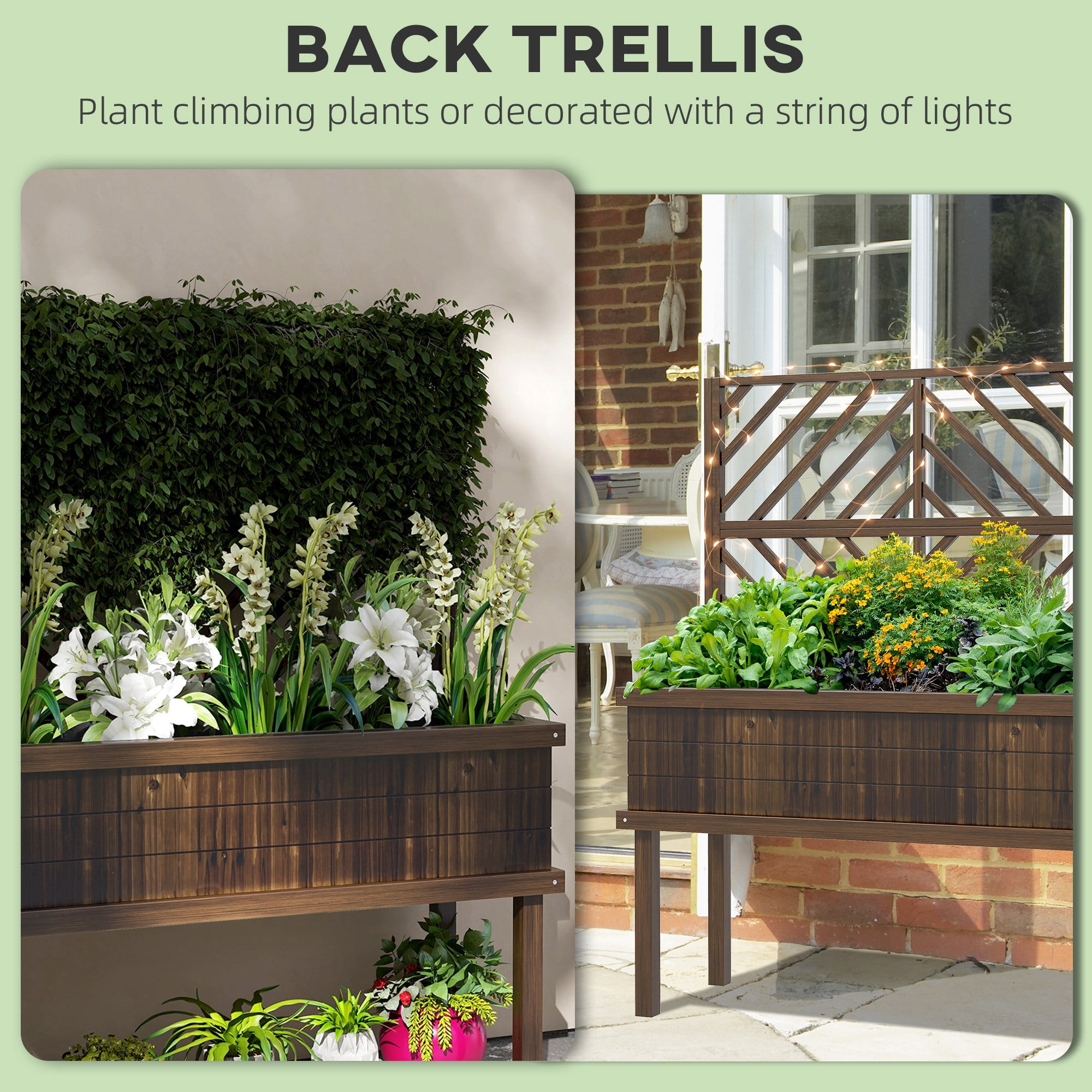 Raised Garden Bed with Trellis for Climbing Plants, Vegetable, Grape Vines, Wood Planter with Legs, Drainage Holes and Filter for Outdoor Garden, Patio, Carbonized