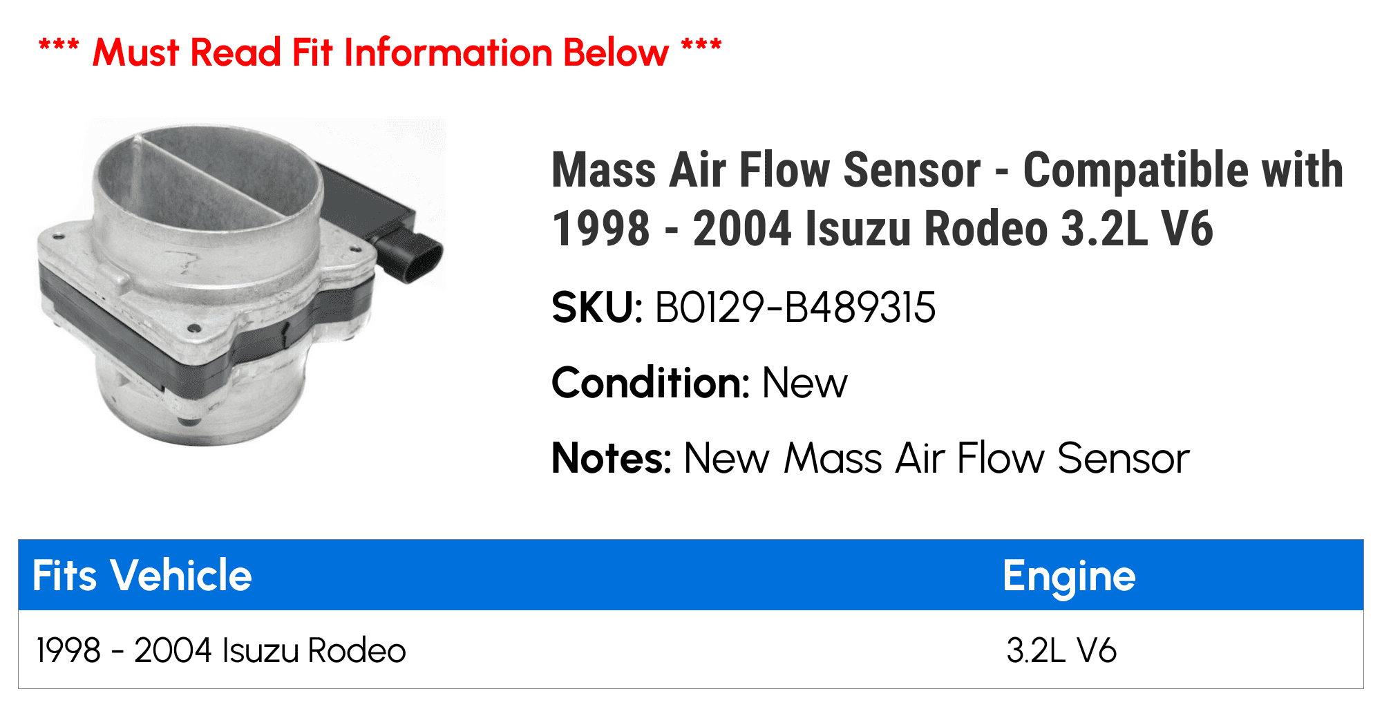 Mass Air Flow Sensor - Compatible with 1998 - 2004 Isuzu Rodeo 3.2L V6 1999 2000 2001 2002 2003