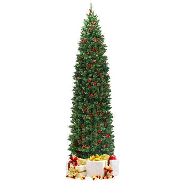 Topbuy 7.5FT Pencil Christmas Tree  Hinged Artificial Slim Xmas Tree with Sturdy Metal Stand