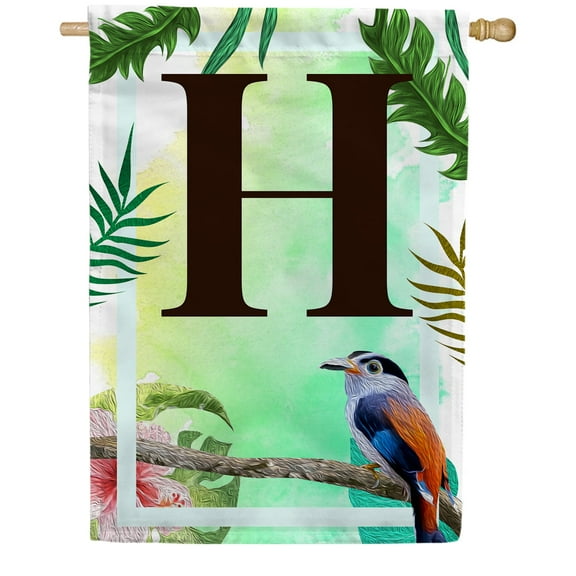 America Forever Tropical Summer Monogram House Flag Letter H 28 x 40 inches Palm Leaves Hibiscus Coastal Bird Double Sided Vertical Outdoor Yard Lawn Decorative Red Floral House Flag