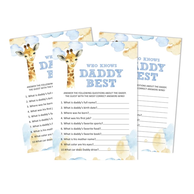 Inkdotpot Giraffe Jungle Animals 50 PackWho Knows Daddy BestBaby Shower GameCards FunActivity Cards