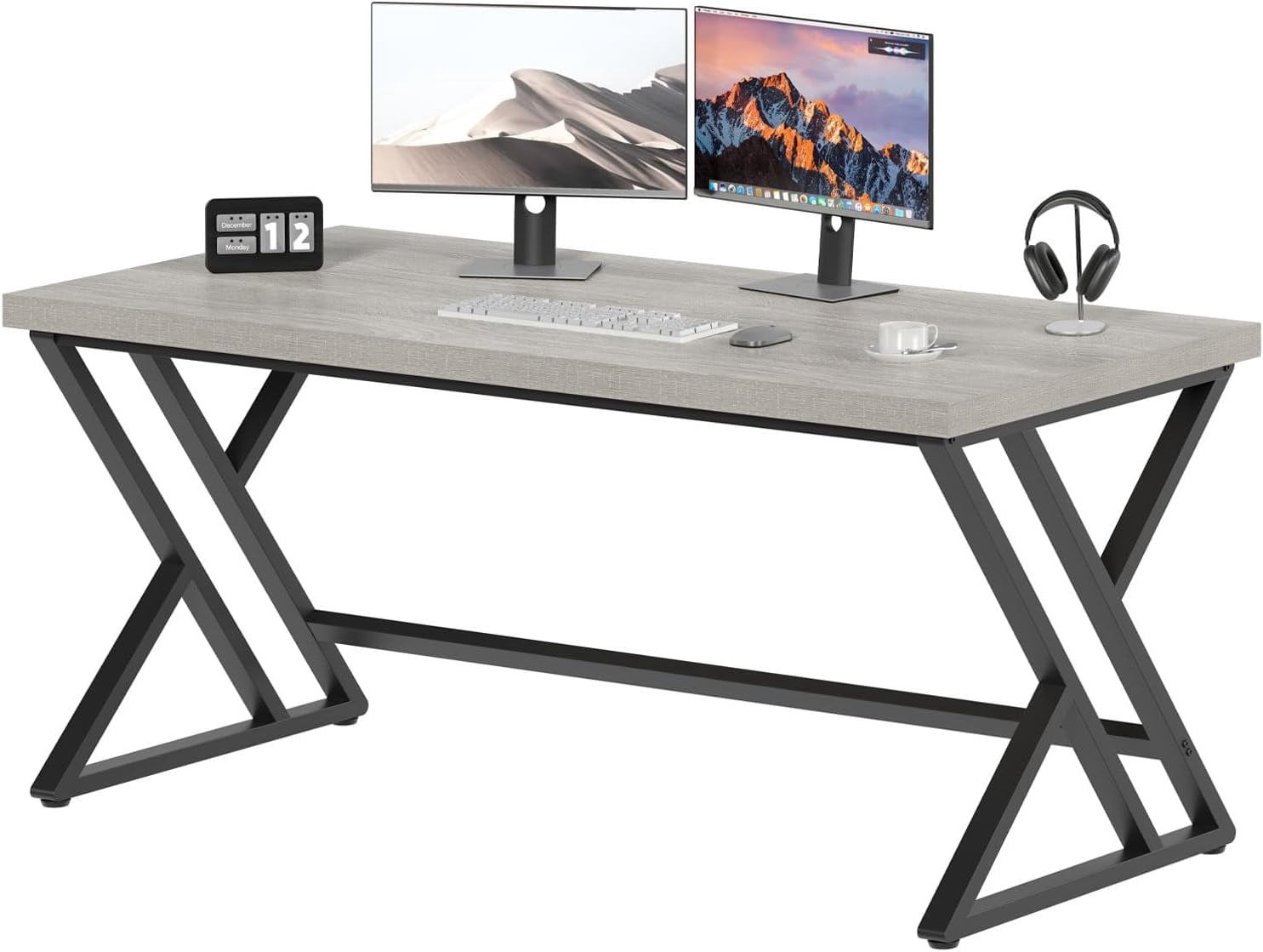 LVB Grey Computer Office Desk,  Wood PC Gaming Gray Desk for Home Office, Modern Wooden Metal Study Work Bedroom Table, Farmhouse Executive Writing Desk with Storage, 55 Inch, Light Grey Oak
