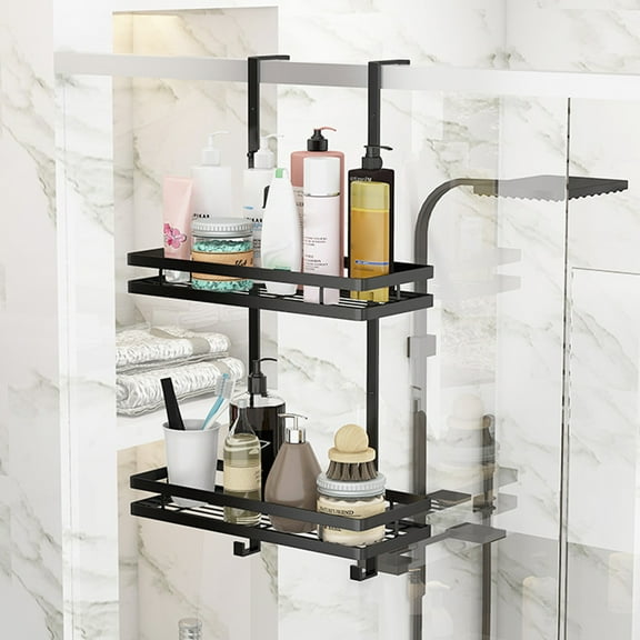 Adifare Shower Caddy Hanging Shelf with Hooks Suction Cups Stainless Steel Hanging Door Shower Rack Rustproof Hanging Shower Caddy Rack No Drilling for Bathroom Shampoo Soap Razor