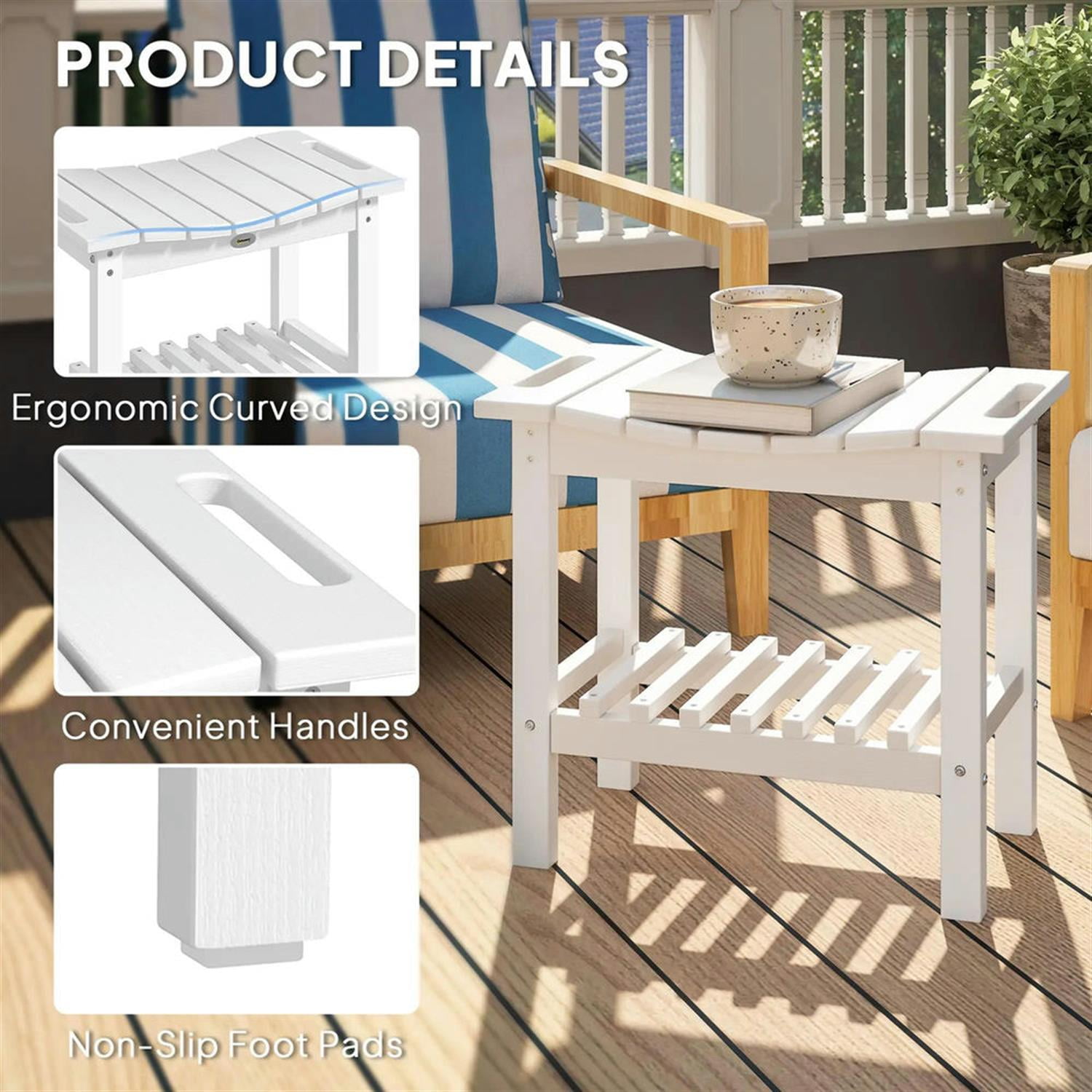 Demi Bonn 20" HDPE Shower Bench, Waterproof Stool with Handle, Storage Shelf, Non-Slip Pads, Indoor/Outdoor for Bathroom, White