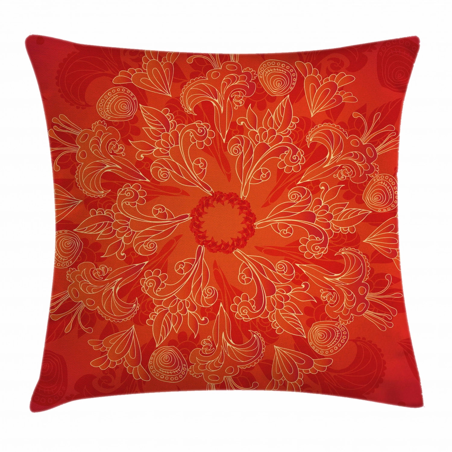 Red Mandala Throw Pillow Cushion Cover, Vibrant Colored Doodle Style Nature Figures Romantic Abstract Bouquet Art, Decorative Square Accent Pillow Case, 16 X 16 Inches, Scarlet Orange, by Ambesonne