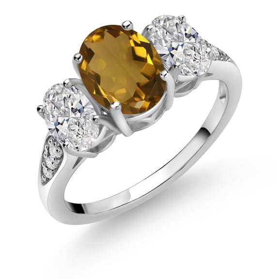 Gem Stone King 10K White Gold Whiskey Quartz, White Lab Grown Diamond Engagement Ring for Women | 1.84 Cttw | Oval 8X6MM | Gemstone Birthstone | Size 5