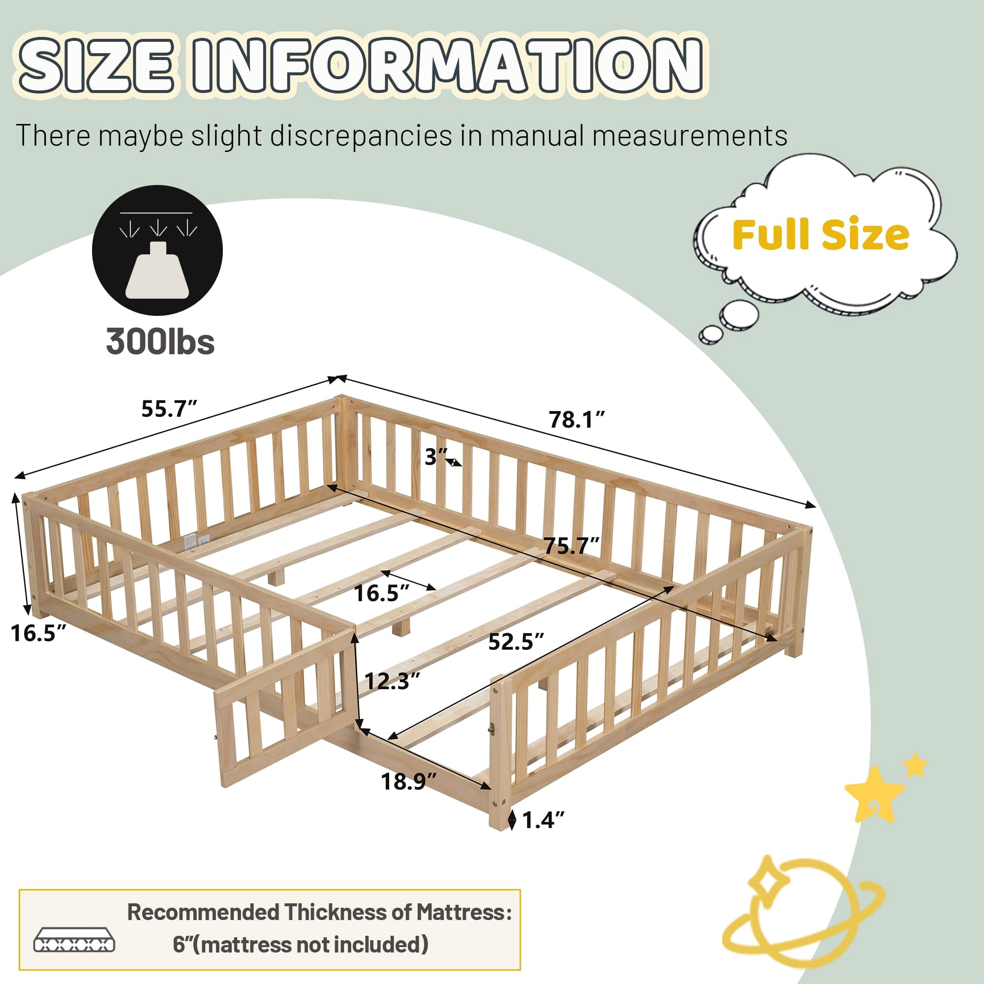 Mirightone Full Floor Bed with Rails and Door, Montessori Floor Bed with Support Slats,No Box Spring Needed, Natural